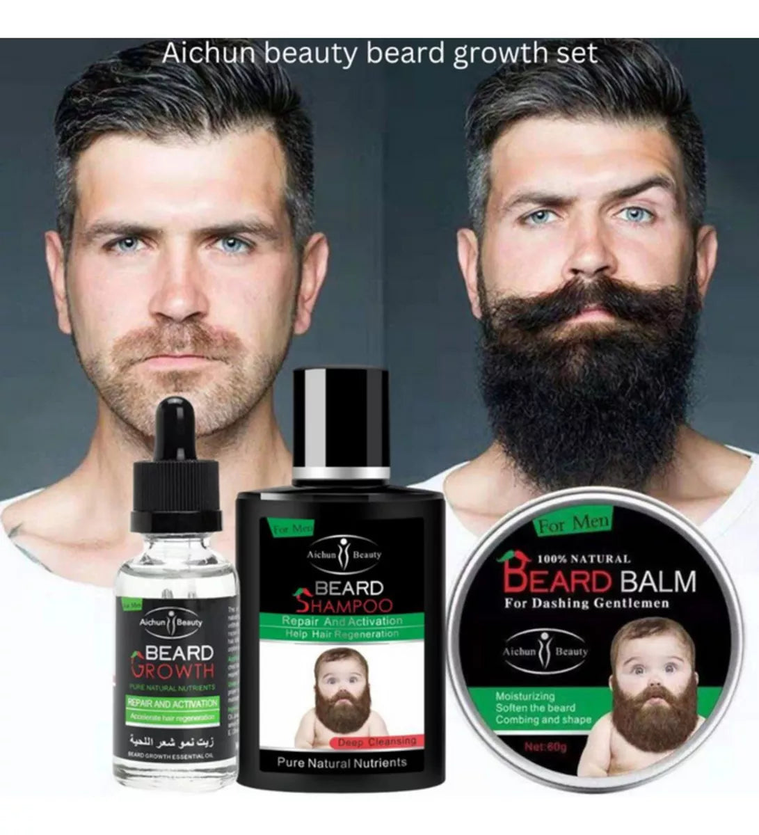 Kit barba fuerte 💪 Sérum para el crecimiento de barba + REGALO (Champú y Balm hidratante)